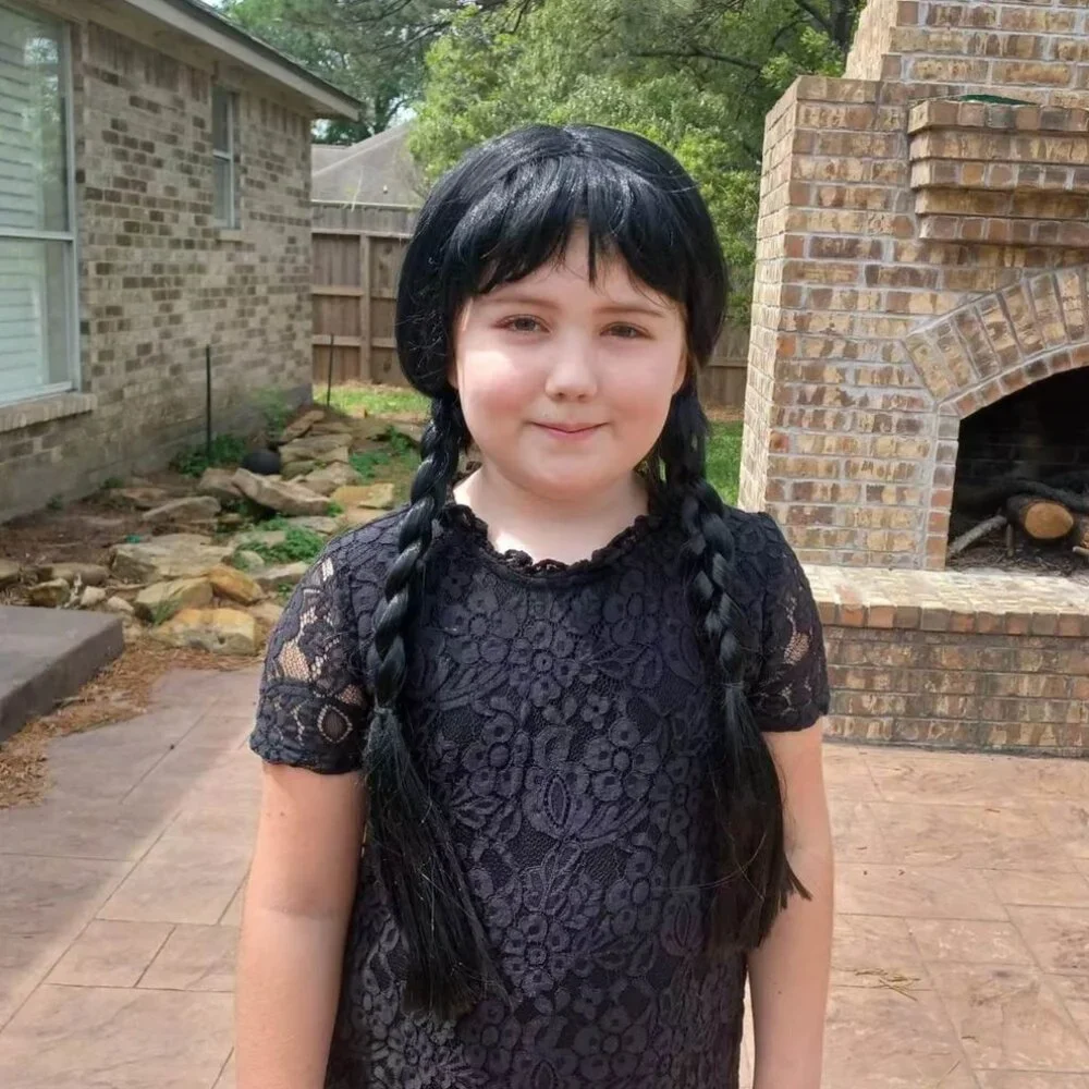 KIDS Wednesday Long Black Braided Wig with Bang for Kids & Girls